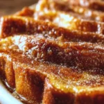 Cinnamon Overnight French Toast Bake topped with syrup and cinnamon in a baking dish
