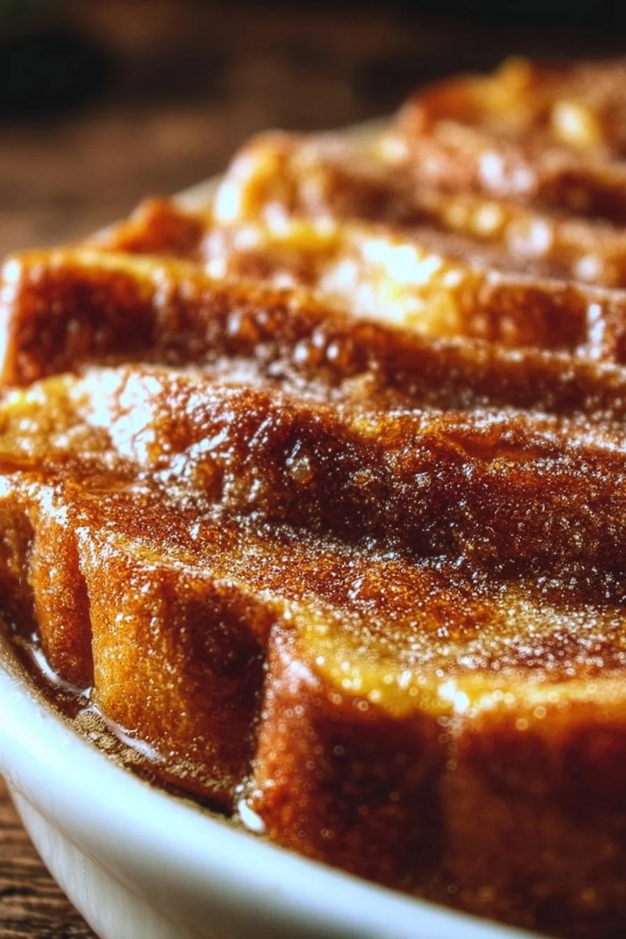 Cinnamon Overnight French Toast Bake topped with syrup and cinnamon in a baking dish
