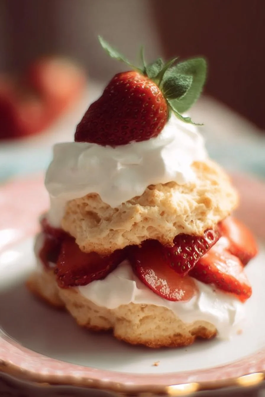 Classic strawberry shortcake with strawberries and whipped cream on a slice of cake.