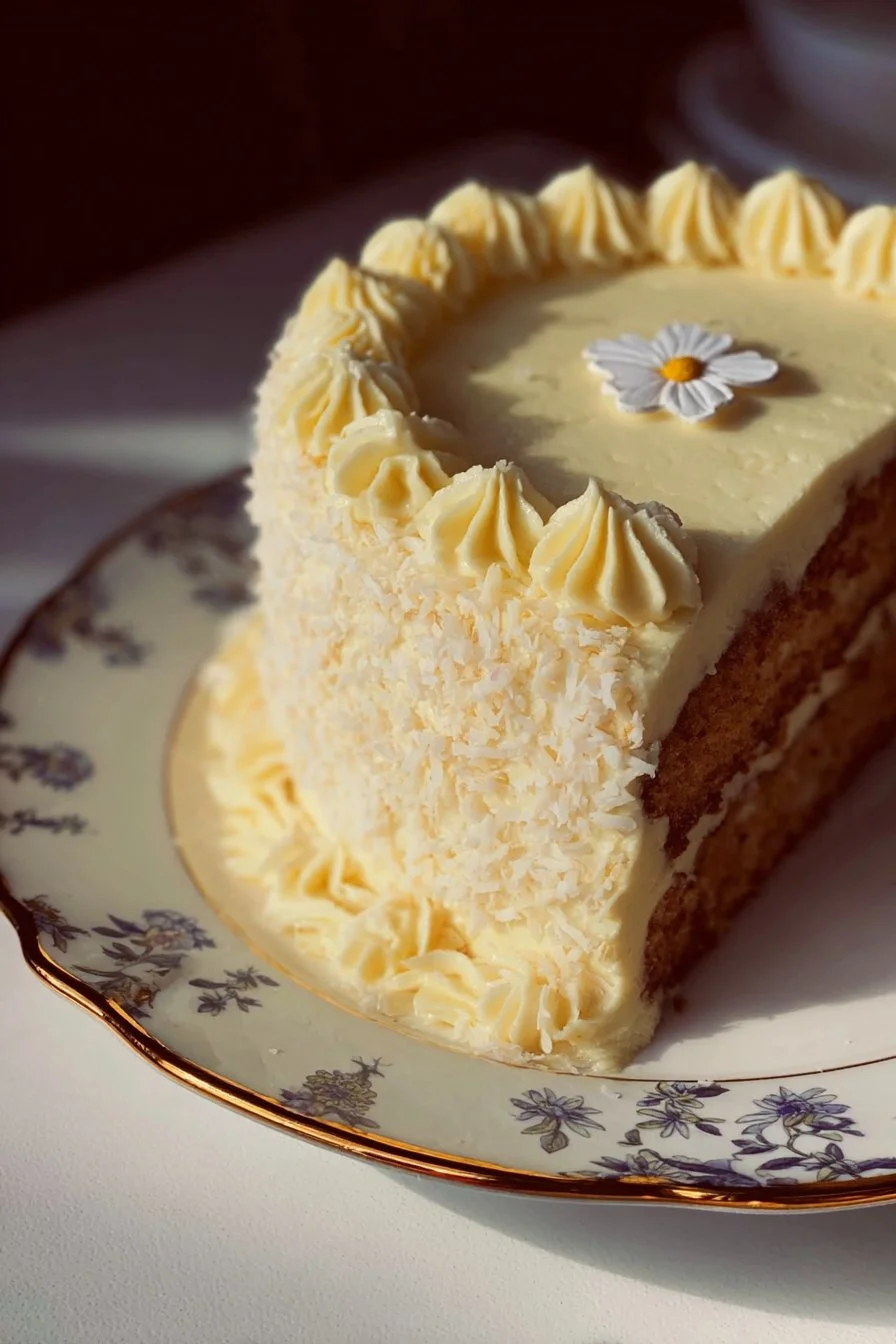 Deliciously moist homemade Coconut Cake topped with fresh coconut flakes