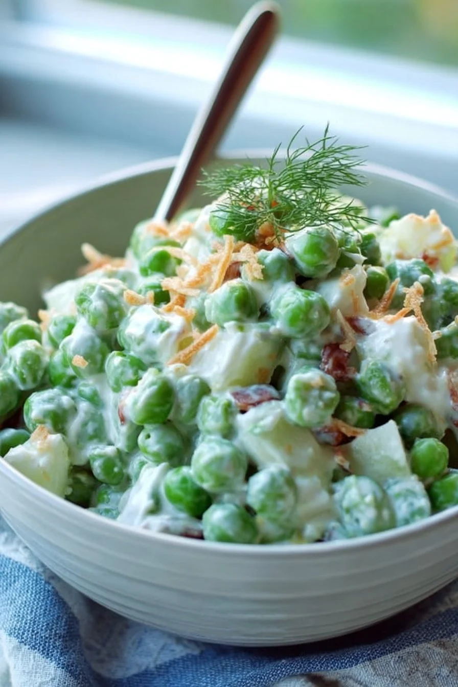 Delicious Cold Green Pea Salad served in a bowl with fresh herbs
