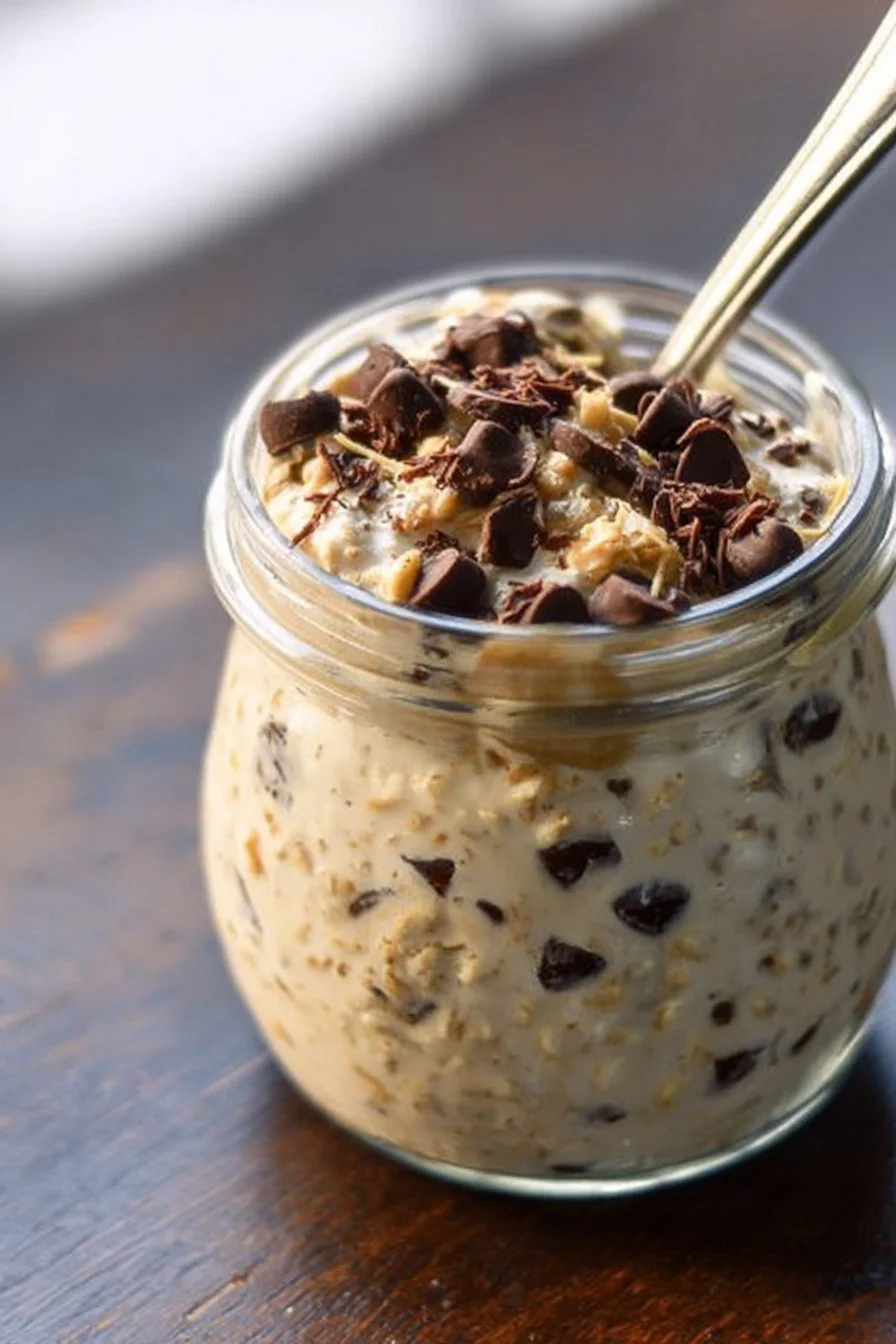 Delicious bowl of cookie dough overnight oats topped with chocolate chips and nuts