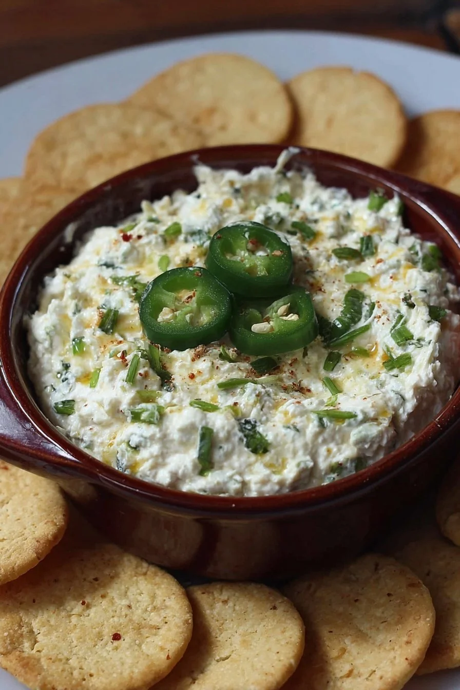 Creamy Cottage Cheese Jalapeño Popper Dip served in a bowl with fresh jalapeños