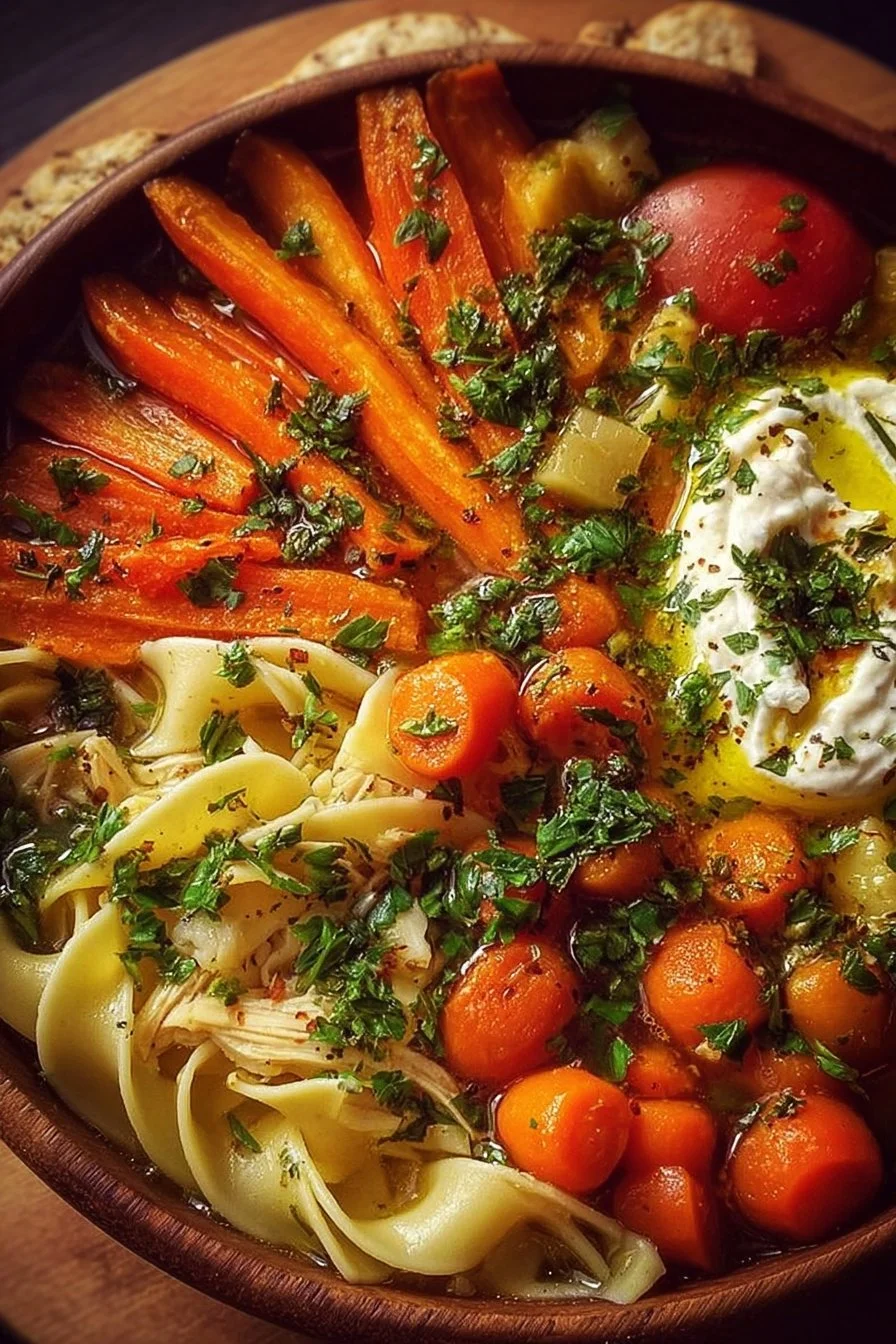 Bowl of cozy chicken noodle soup with vegetables and herbs
