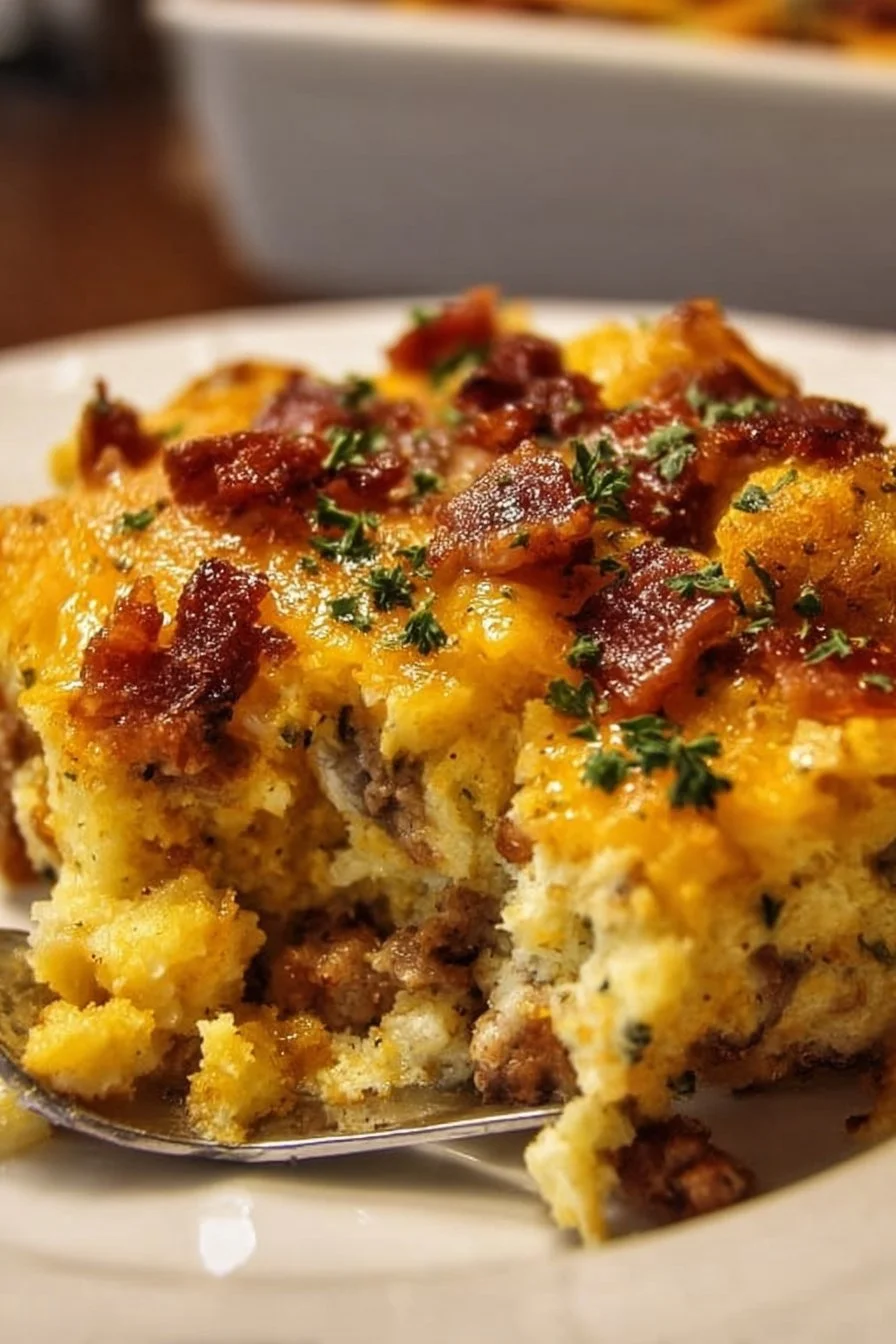 Crack Breakfast Casserole served in a baking dish with fresh herbs.