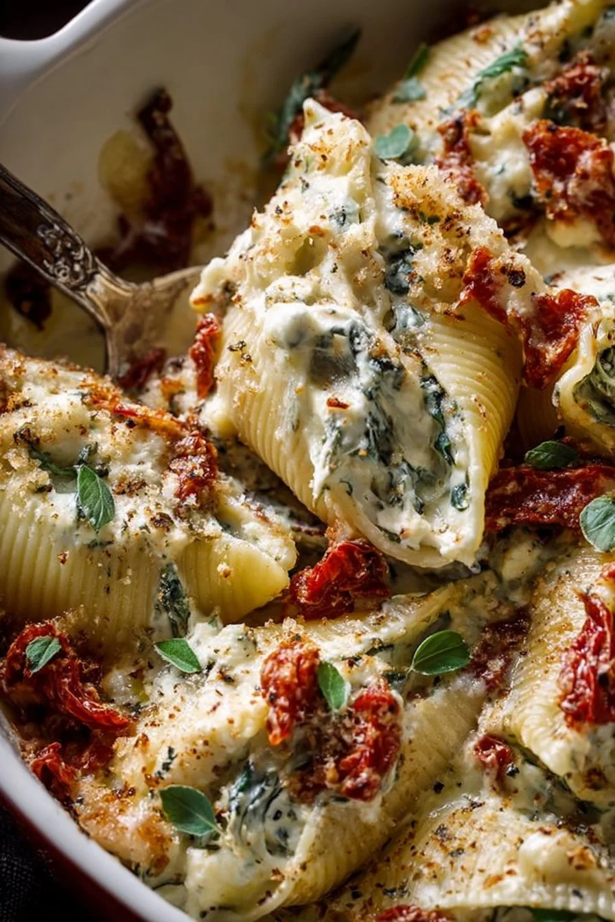 Creamy sun-dried tomato and ricotta stuffed shells served in a bowl