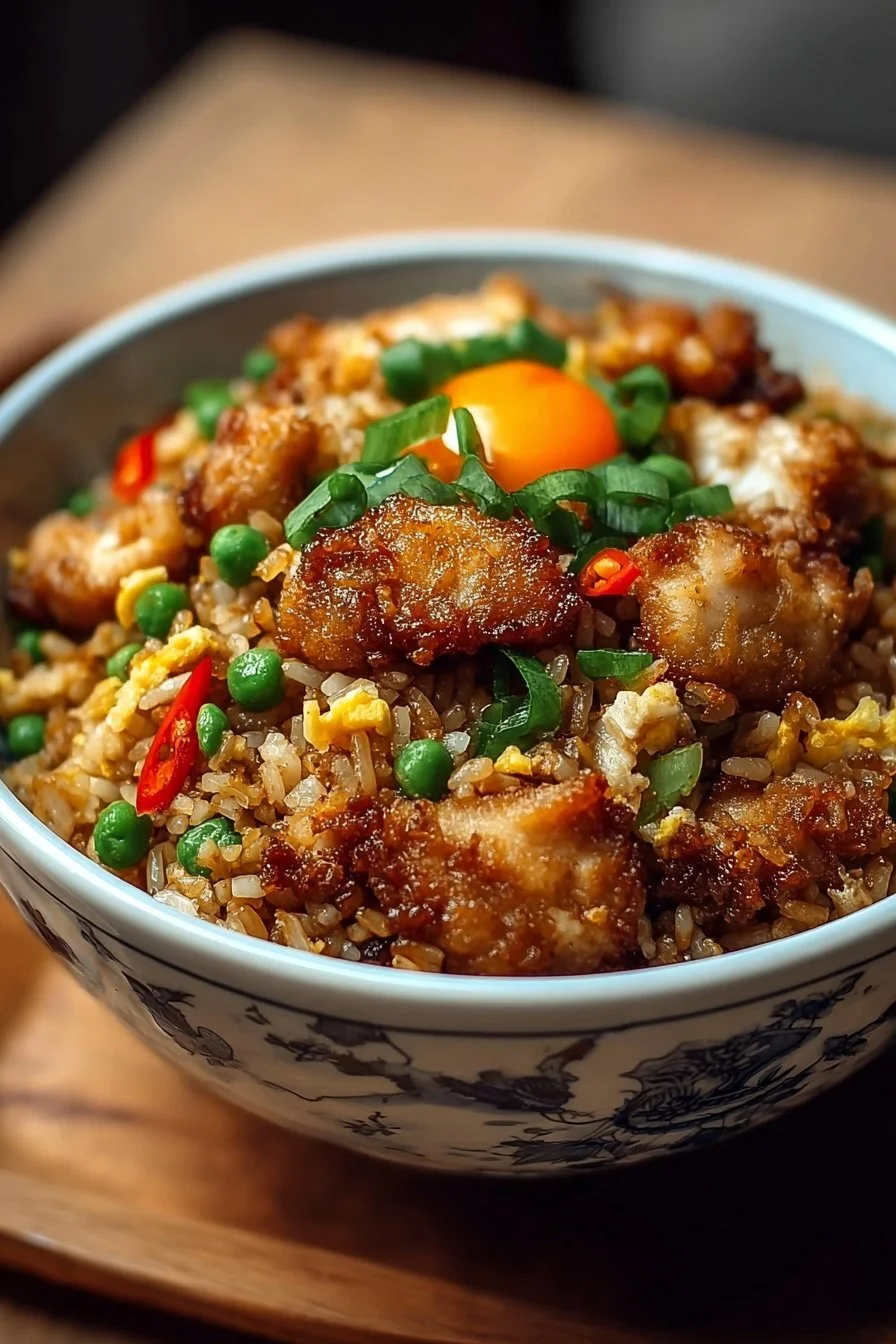 A delicious crispy garlic chicken fried rice bowl garnished with herbs.