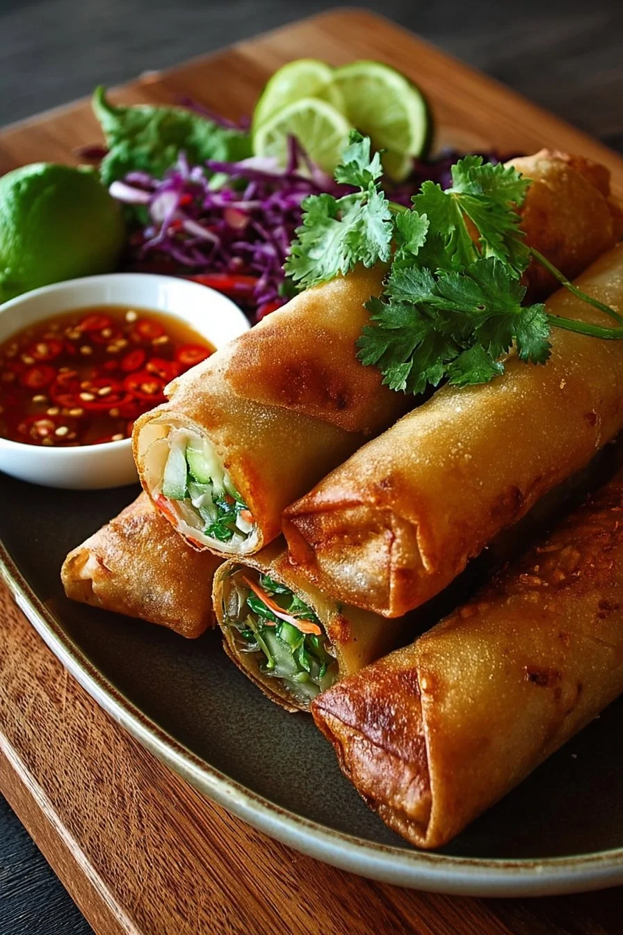 Plate of crispy Thai veggie spring rolls served with dipping sauce