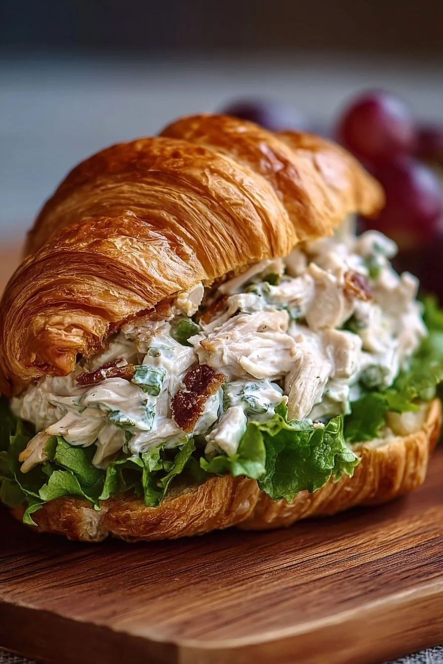 Croissant Chicken Salad Sandwich with chicken, lettuce, and dressing on a flaky croissant