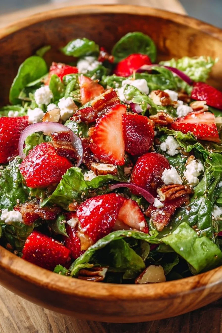 Crunchy strawberry romaine feta salad with fresh ingredients