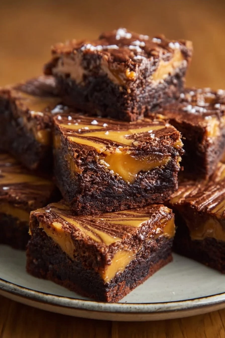 Decadent caramel swirl brownies with gooey caramel topping