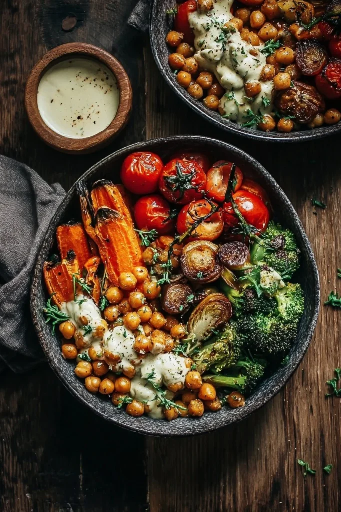 Delicious roasted veggie chickpea bowl filled with colorful vegetables