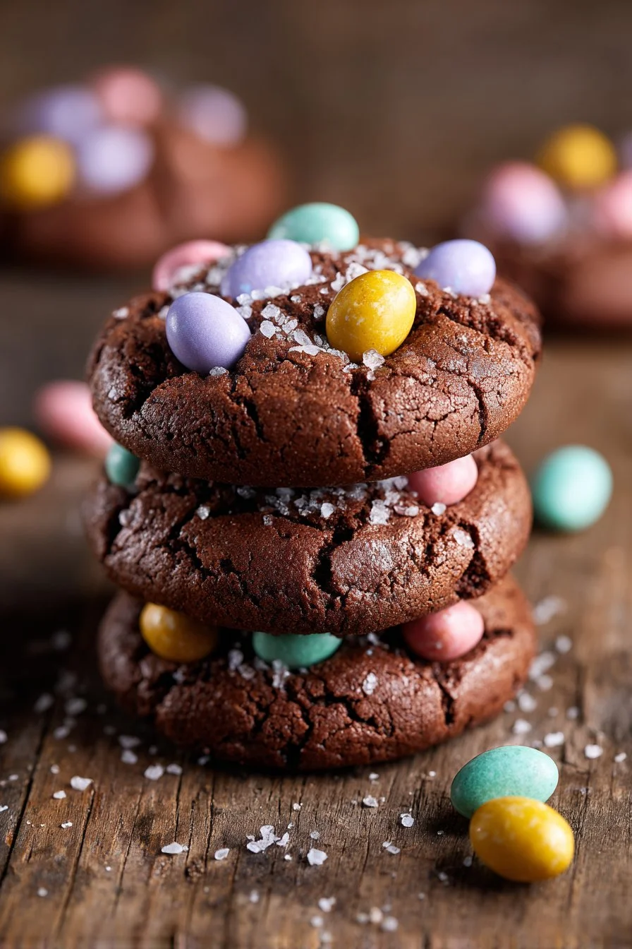 Double chocolate Easter egg brownie cookies on a plate