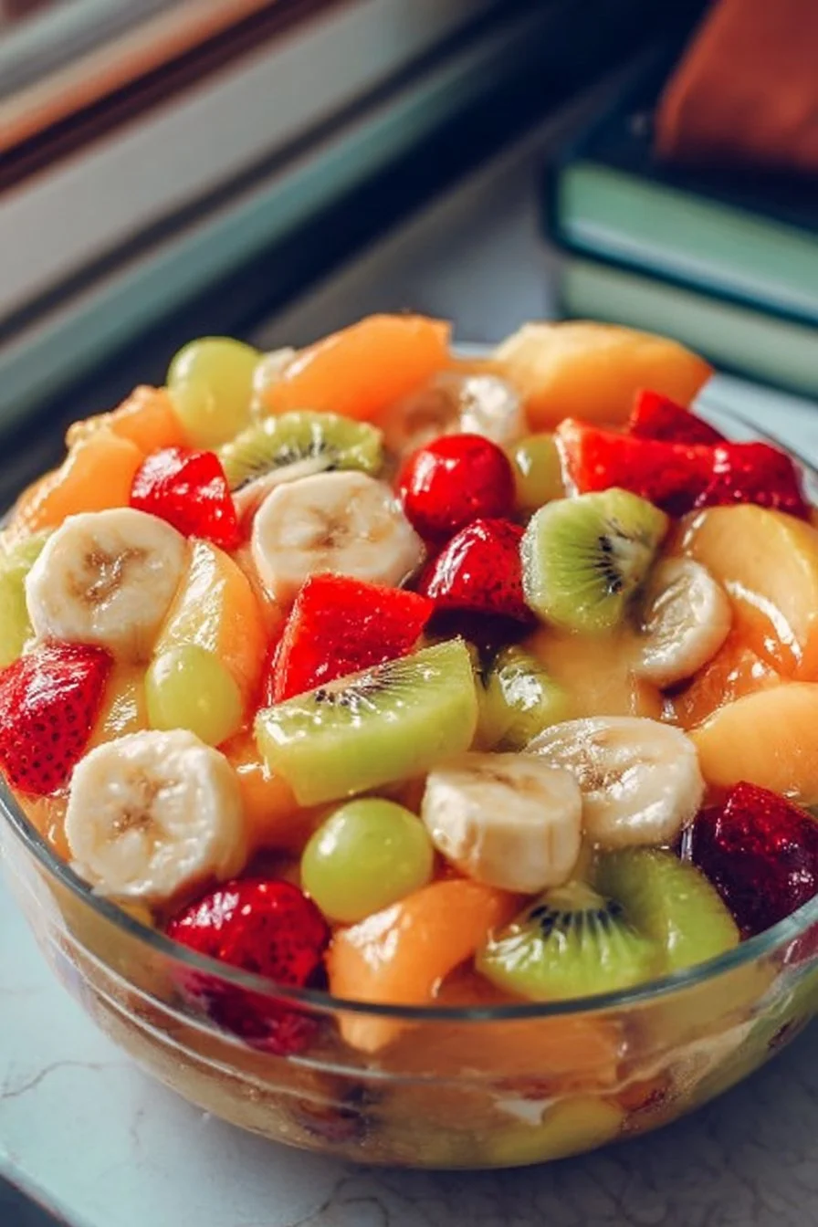 Easter fruit salad topped with delicious peach pie filling