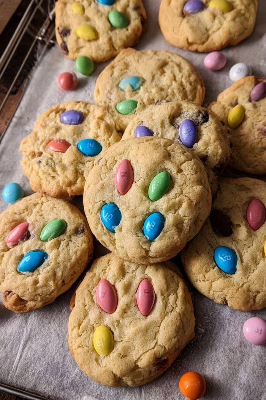 Colorful Easter M&M cookies with chocolate candies for springtime celebrations.