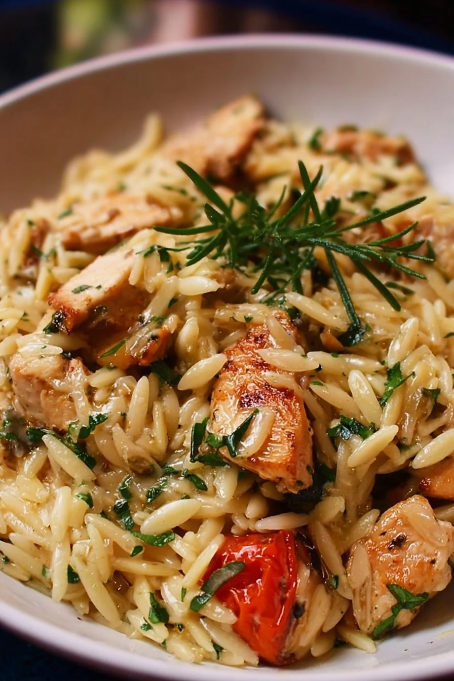 High protein chicken orzo dish, perfect for healthy meals.