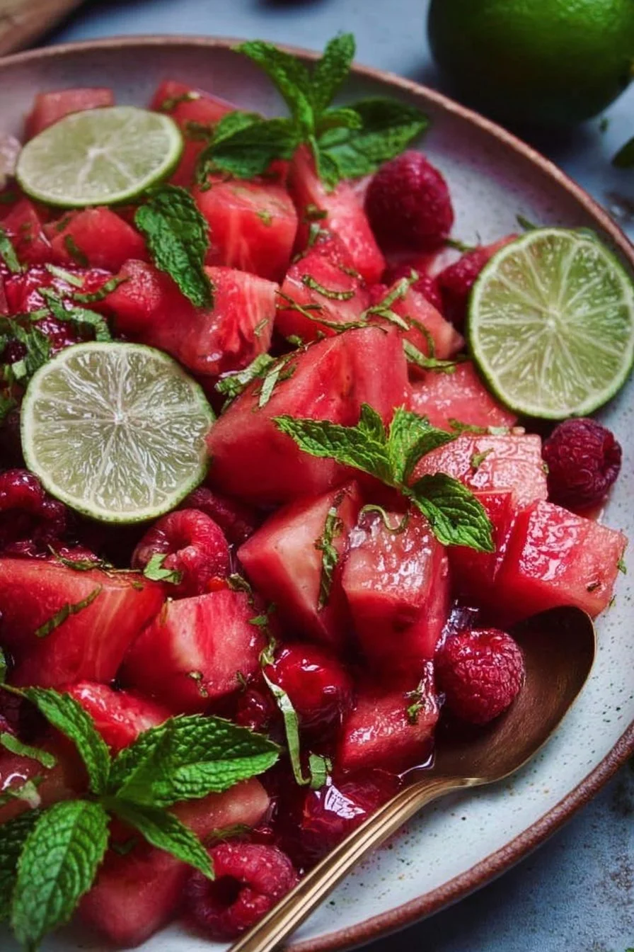 Easy keto watermelon salad with lime mint dressing served in a bowl