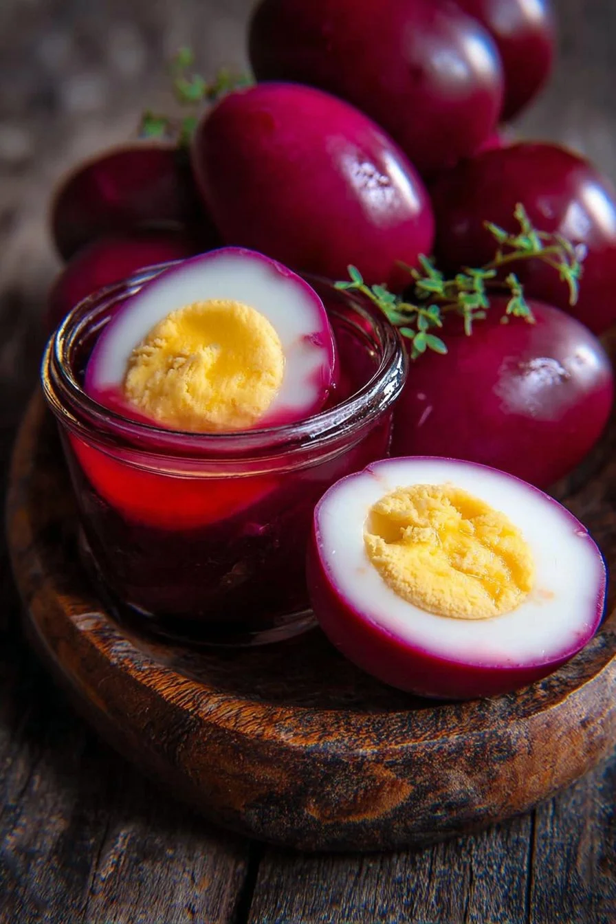 Easy red beet pickled eggs in a glass jar, garnished with spices.