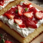 Delicious easy strawberry shortcake sheet cake topped with fresh strawberries