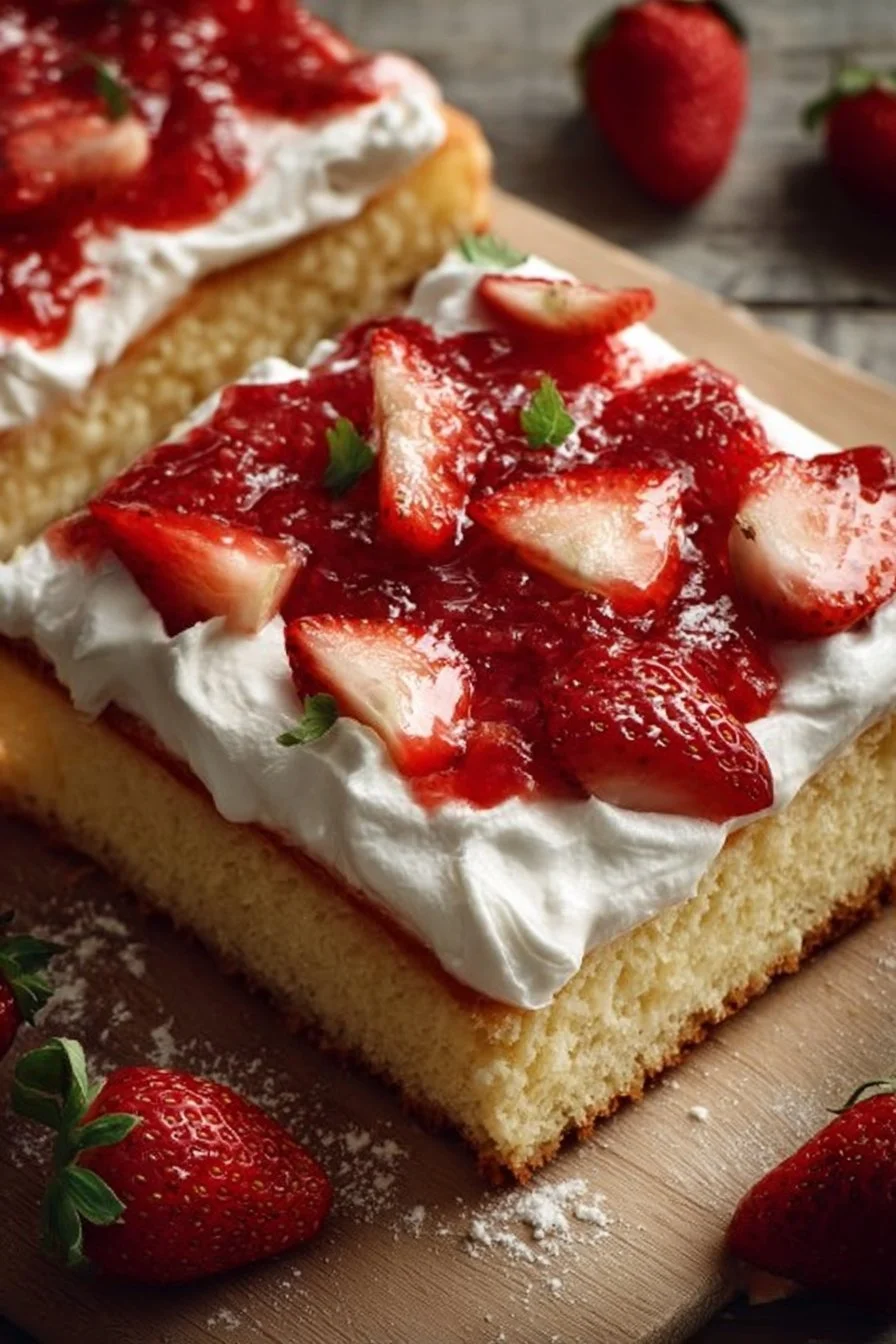 Delicious easy strawberry shortcake sheet cake topped with fresh strawberries