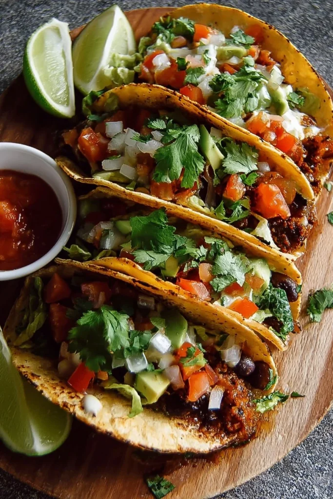 Colorful easy vegetarian tacos filled with fresh ingredients on a plate