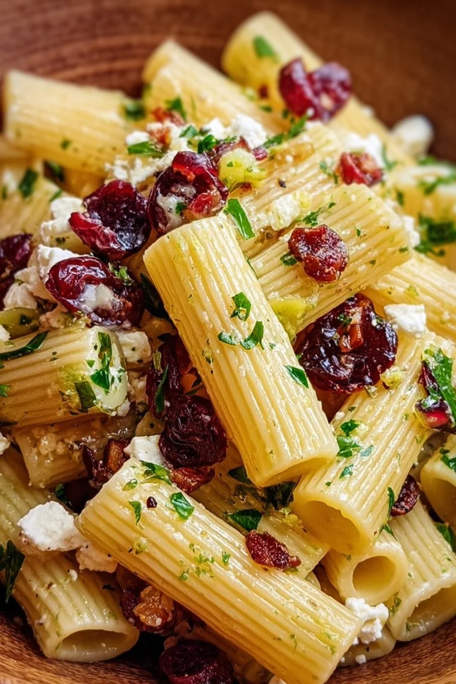 Feta Rigatoni Salad with cranberries and lemon vinaigrette