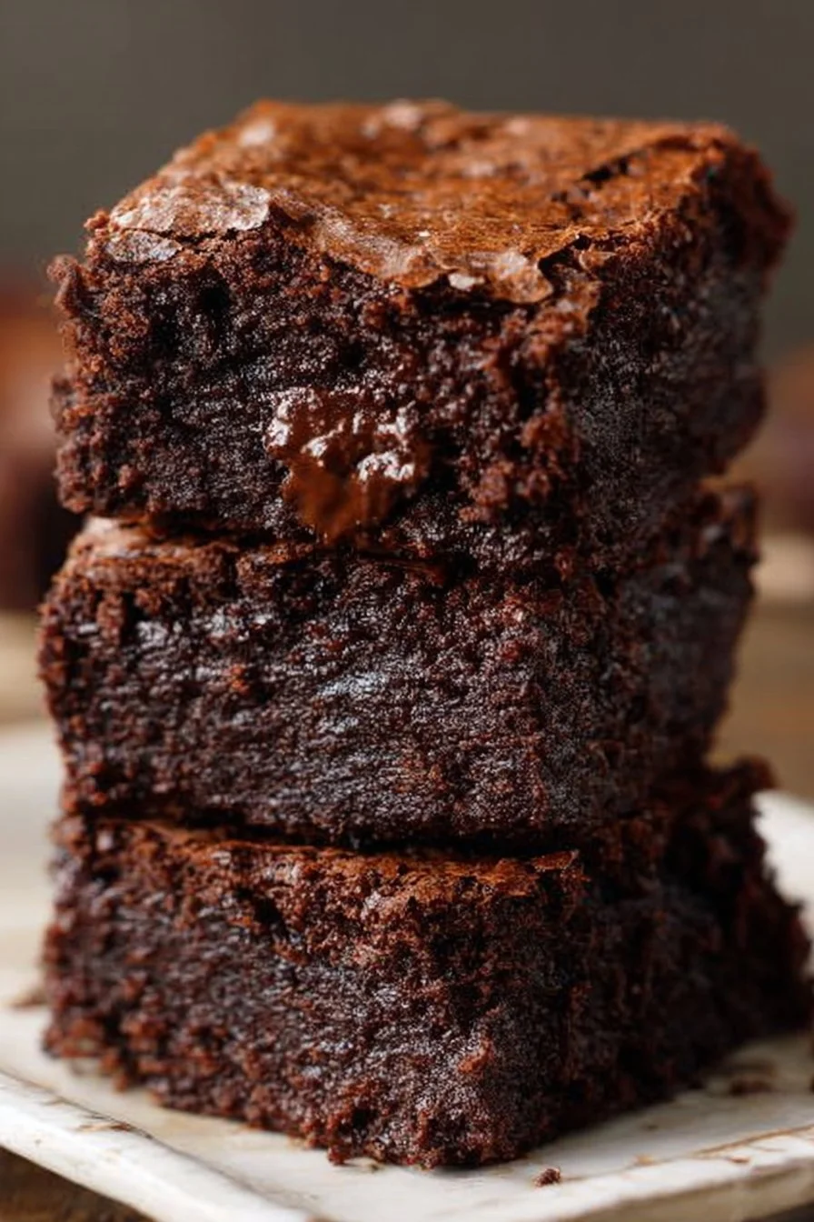 Delicious fudgy homemade brownies on a wooden table