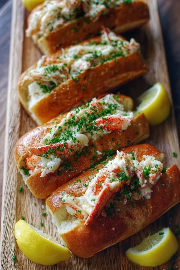 Garlic Butter King Crab Rolls served on a white plate with herbs.