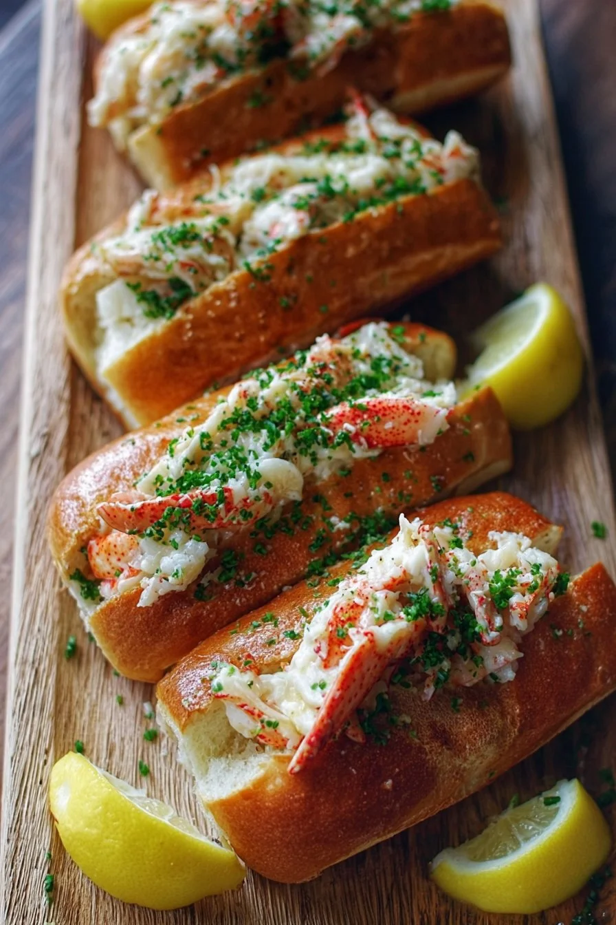 Garlic Butter King Crab Rolls served on a white plate with herbs.