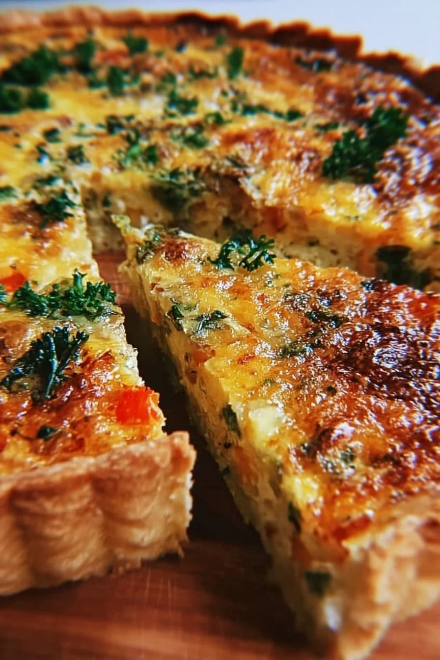 Golden Veggie Quiche 2 Golden veggie quiche with fresh vegetables and a flaky crust