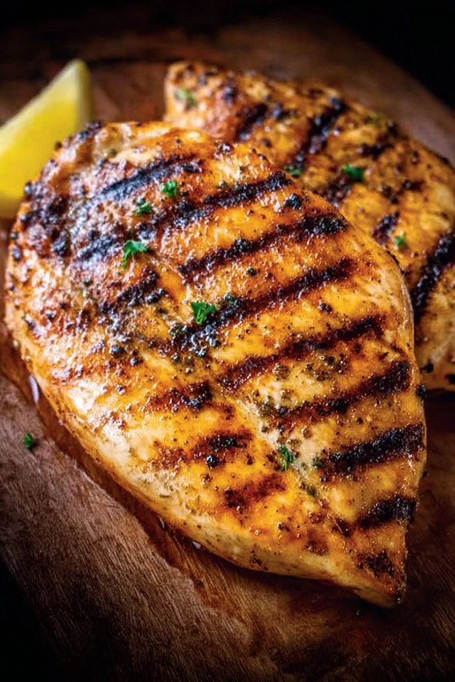 Juicy grilled chicken breast served with vegetables on a plate.