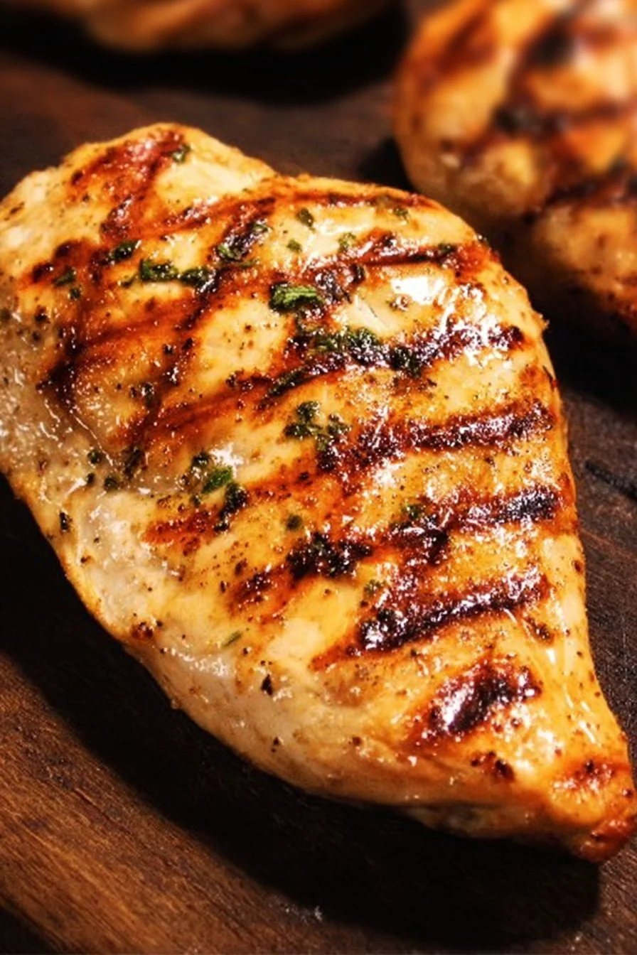 Juicy grilled chicken breast served with fresh vegetables