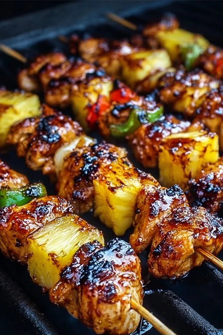 Grilled Pineapple Chicken Kabobs 2 Delicious grilled pineapple chicken kabobs on skewers ready for summer grilling.