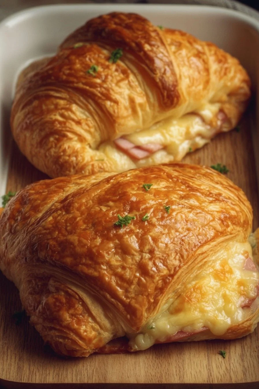 Freshly baked ham and cheese croissants on a plate