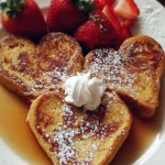 Heart-shaped French toast served with syrup and berries on a plate.