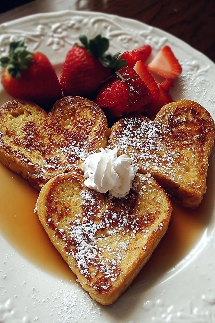 Heart-shaped French toast served with syrup and berries on a plate.