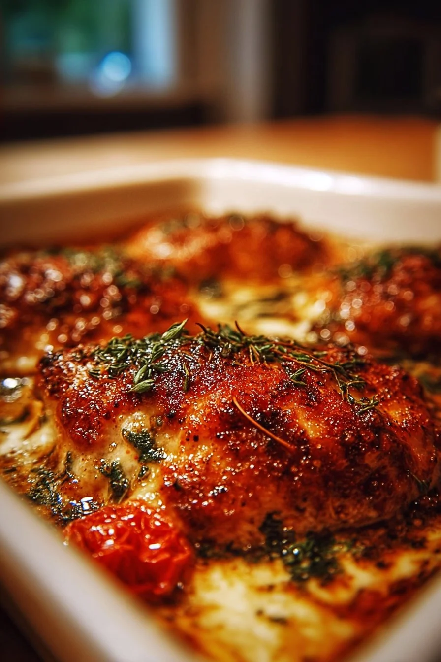 High protein chicken bake dish with vibrant vegetables and herbs