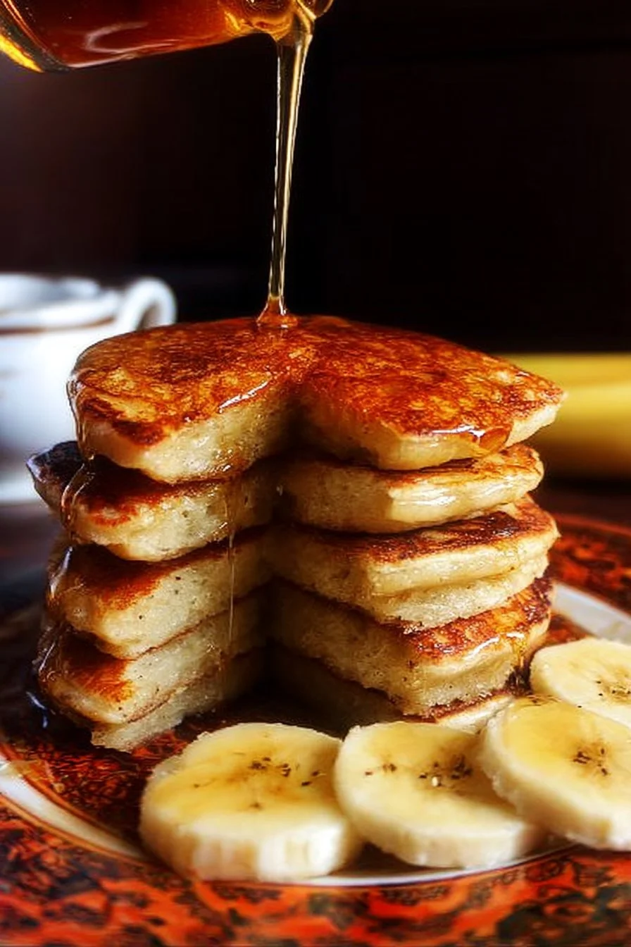 Fluffy homemade banana pancakes served with syrup and fresh banana slices