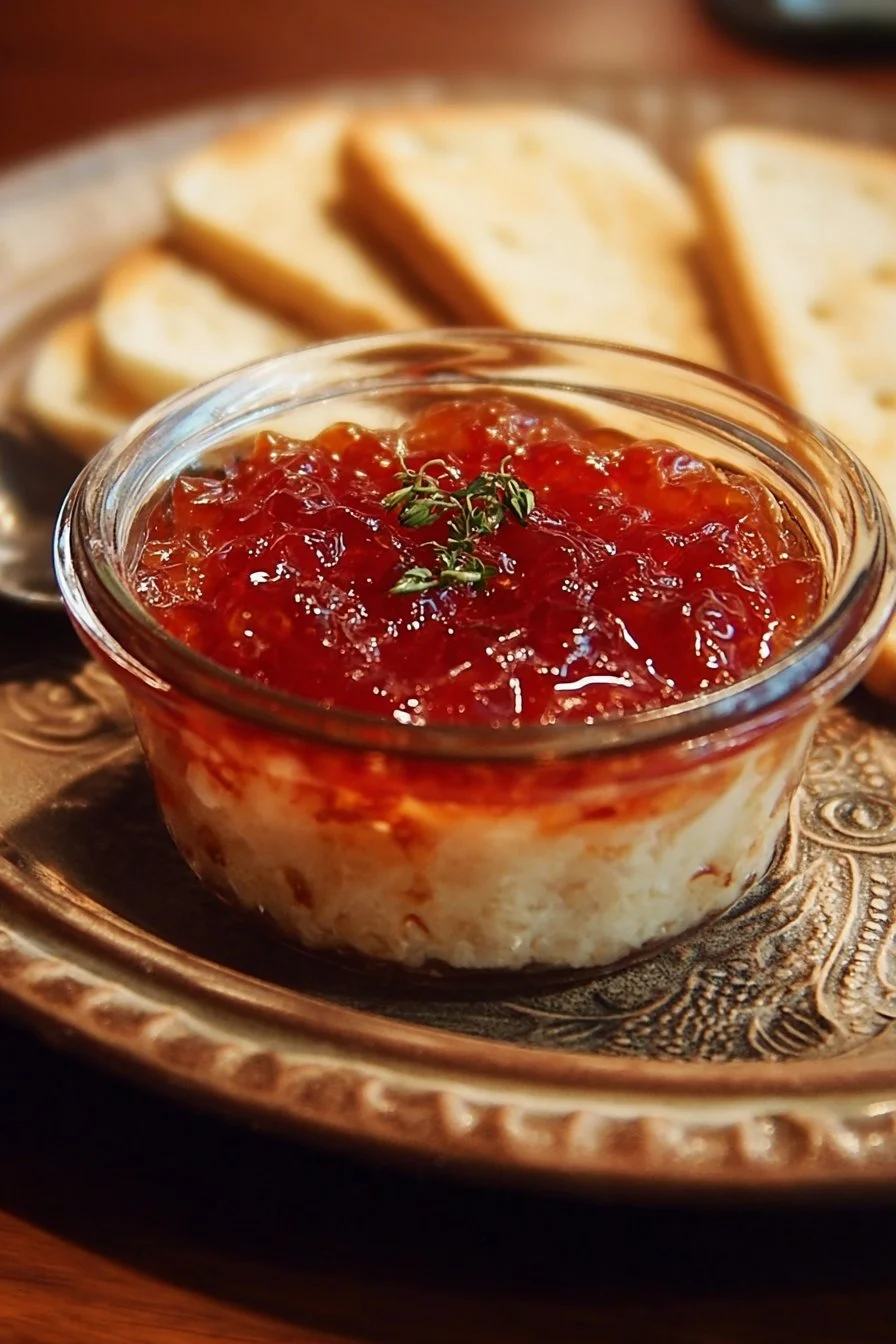 Delicious homemade pepper jelly cheese dip served with crackers