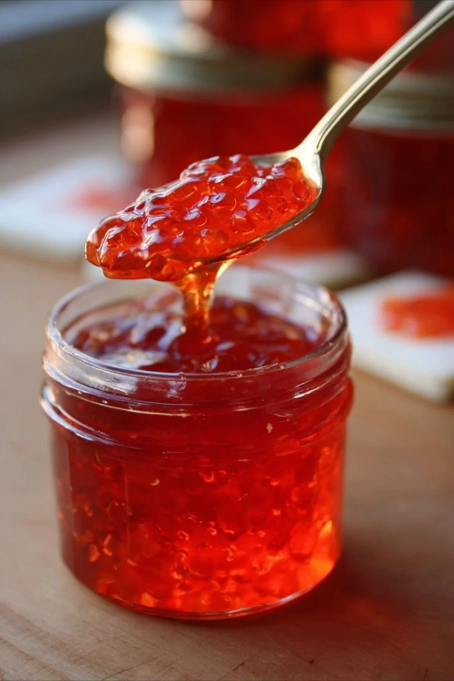 Jar of homemade red pepper jelly with fresh peppers