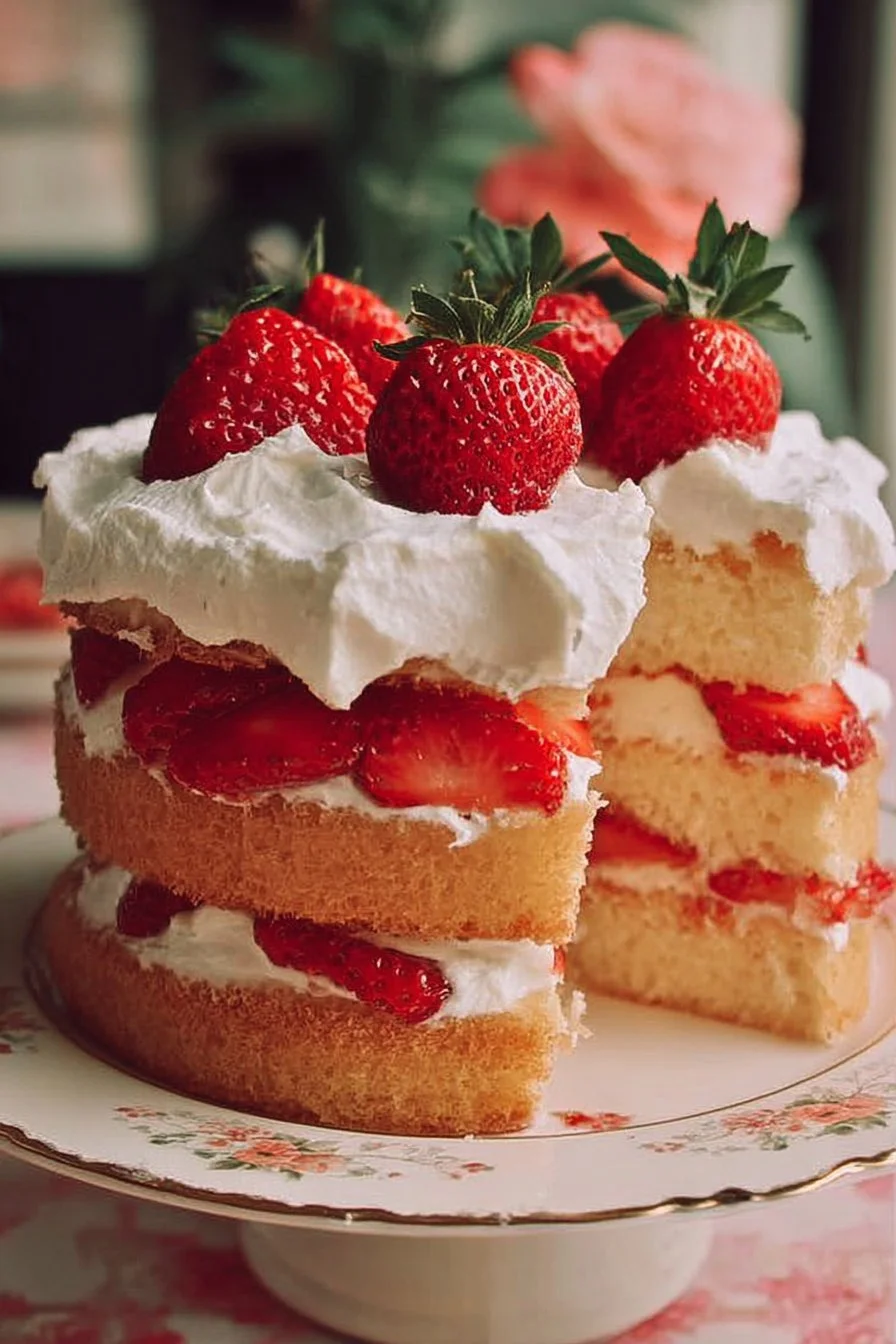 Irresistible Strawberry Shortcake Cake 2 Irresistible strawberry shortcake cake with fresh strawberries and whipped cream