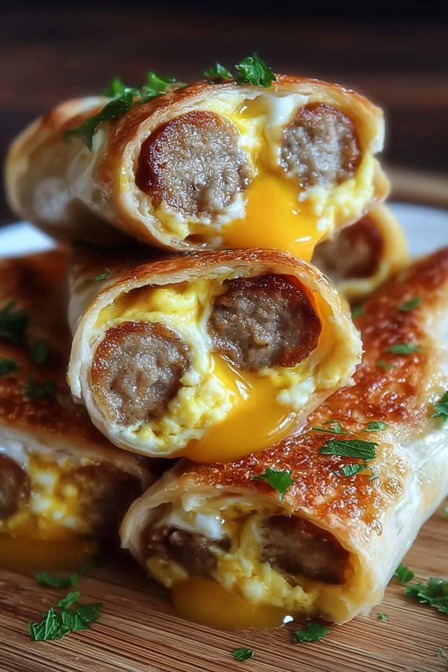 Cheesy sausage and egg breakfast roll-ups served on a plate