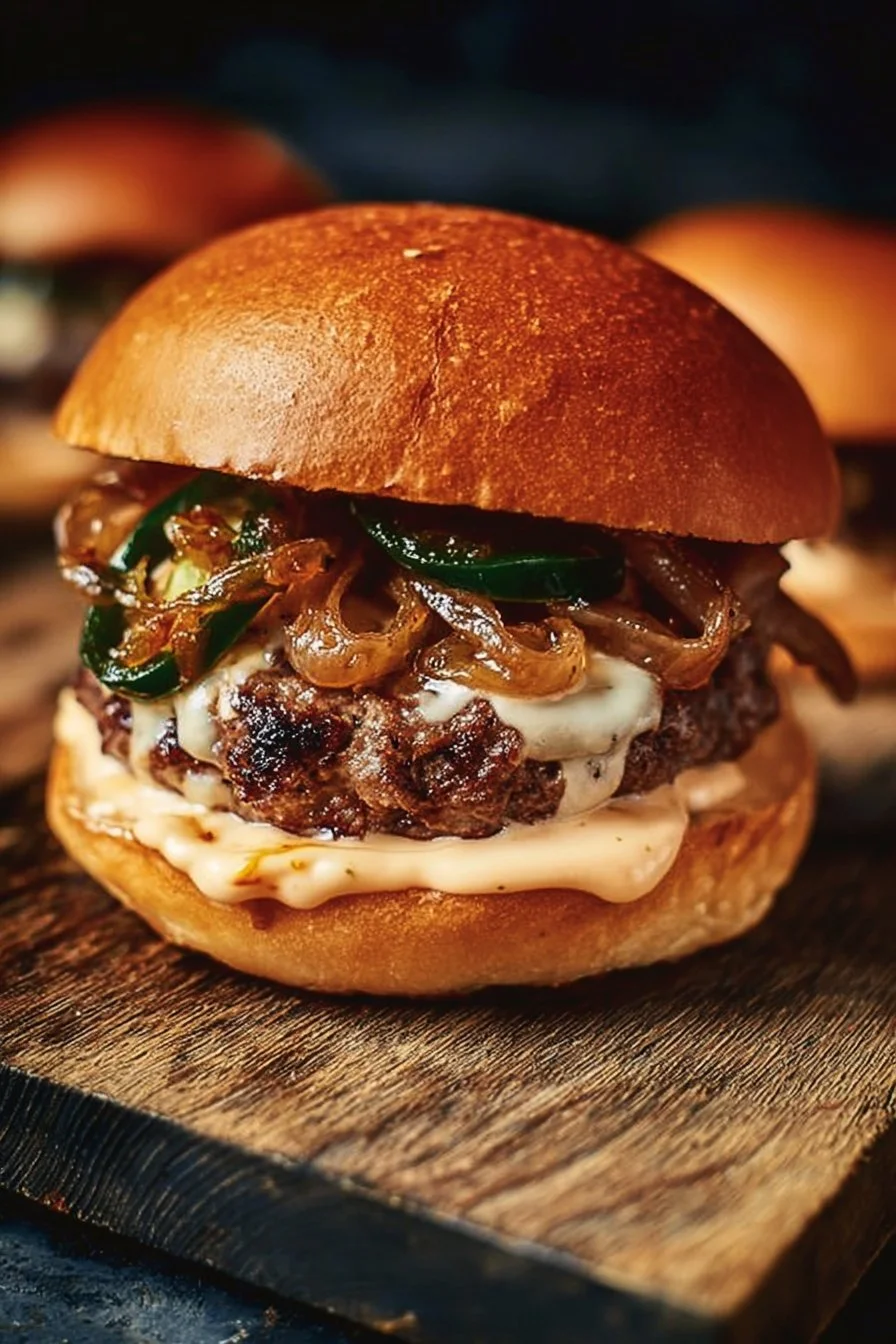 Jalapeño-Onion Smash Burger 2 Jalapeño-onion smash burger with toppings on a grill plate