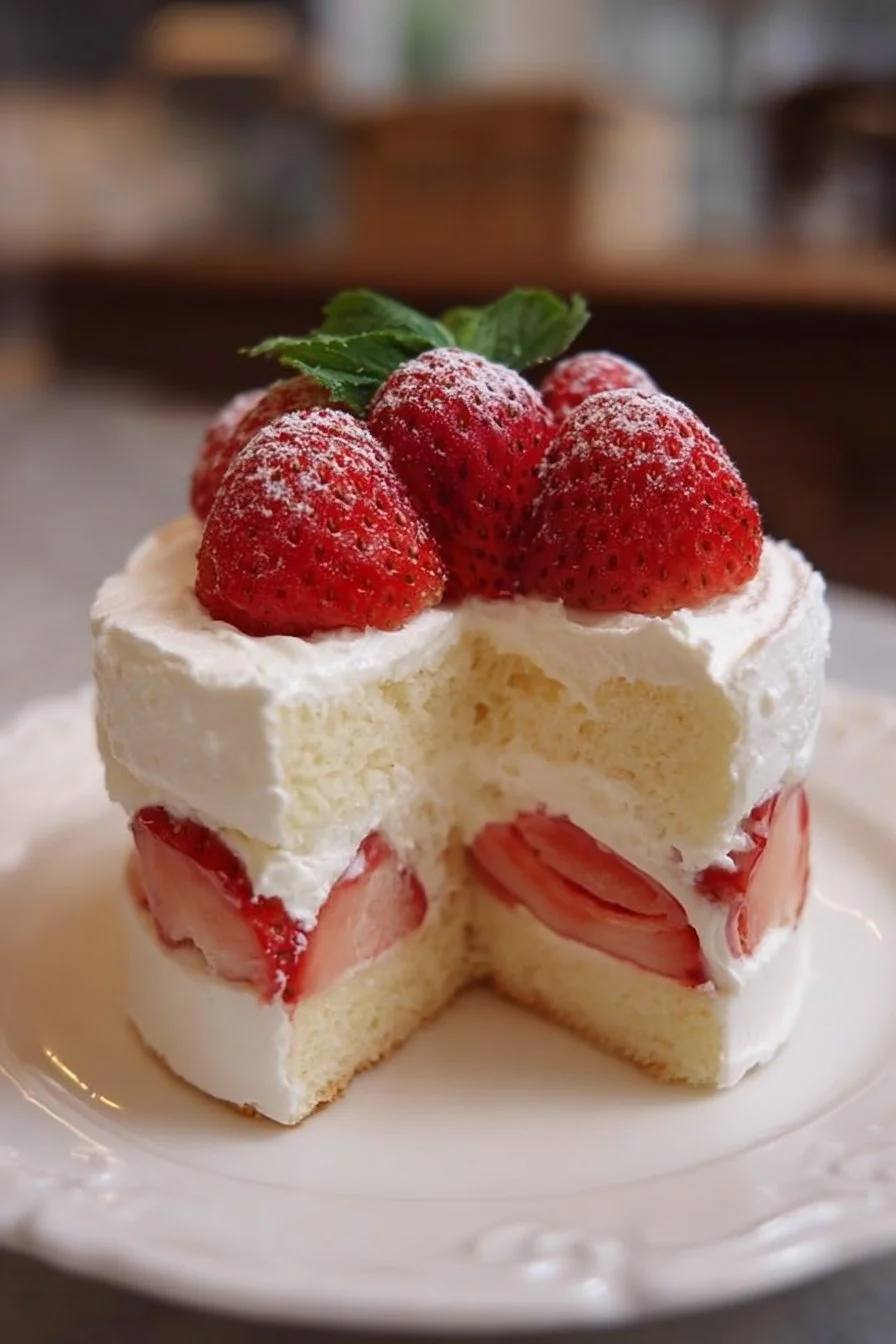 A delicious slice of Japanese strawberry shortcake featuring fresh strawberries and cream.