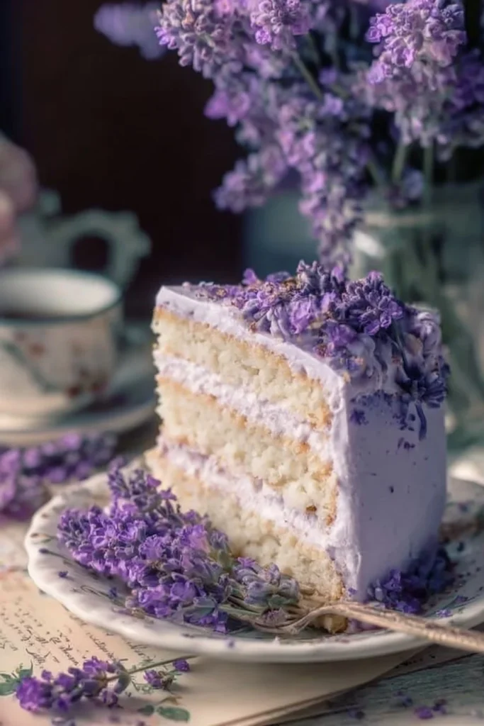 Delicious Lavender Cake with Lavender Buttercream icing on a elegant plate