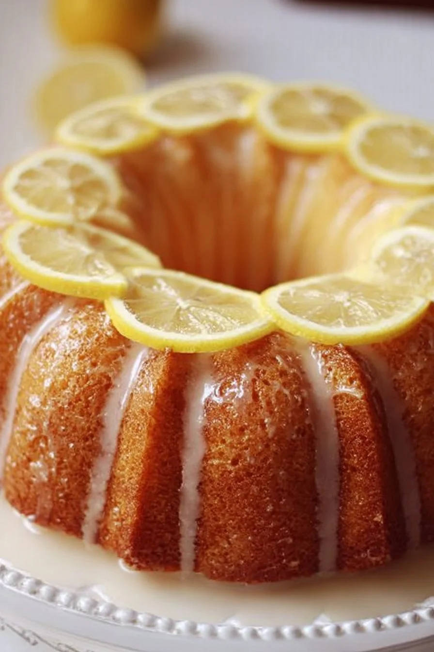 Lemon Bundt Cake 2 Delicious Lemon Bundt Cake topped with a citrus glaze on a rustic table.