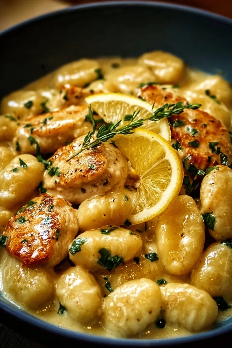 Plate of Lemon Chicken Gnocchi with fresh herbs and lemon wedges