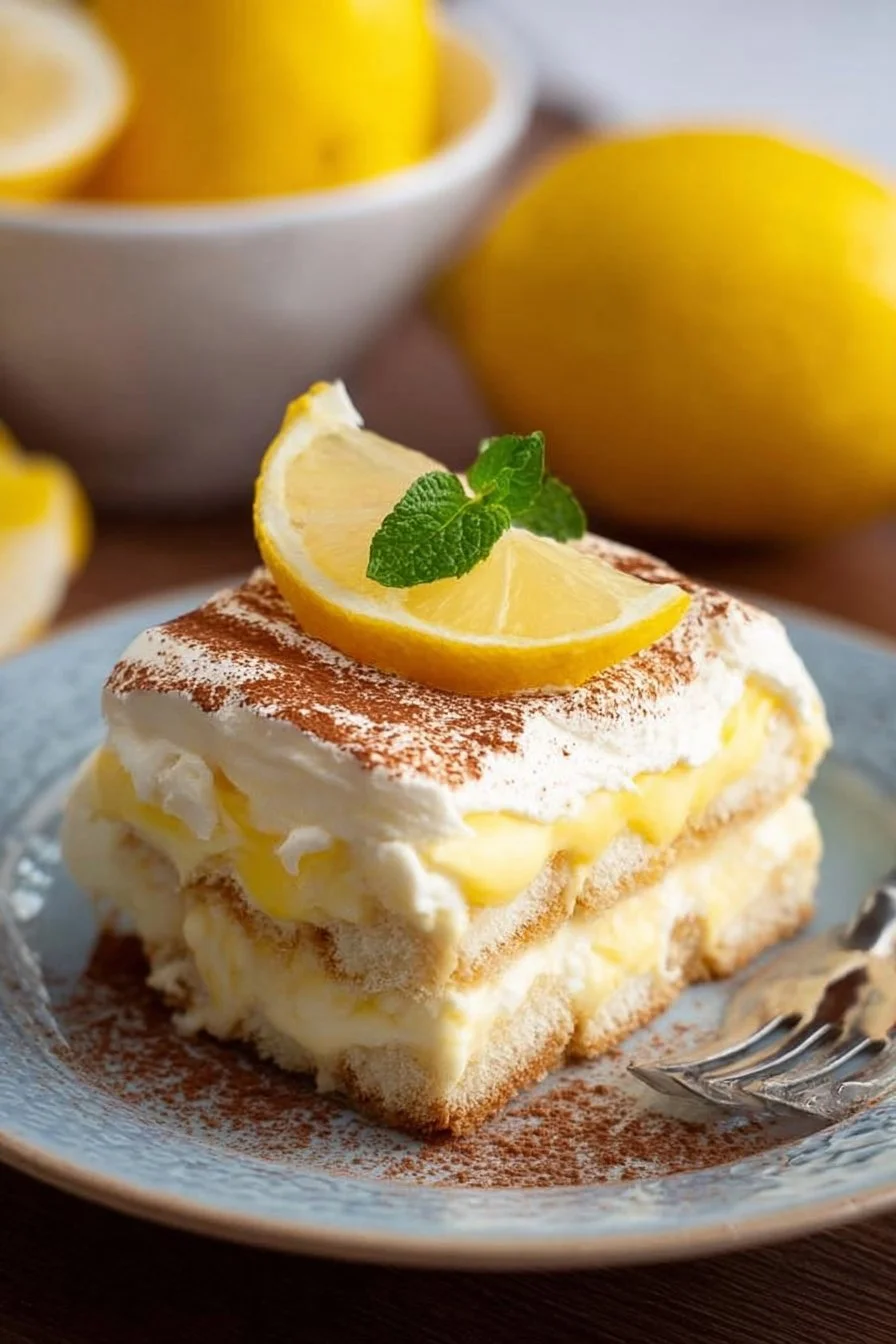 Delicious homemade lemon tiramisu dessert in a serving dish.