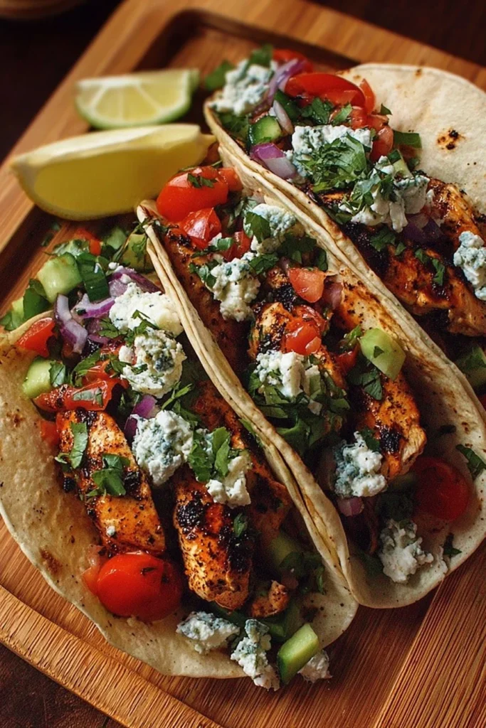 Delicious Mediterranean Chicken Tacos served with fresh toppings