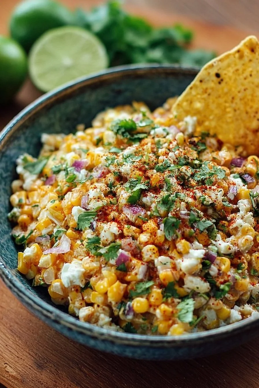 Delicious Mexican street corn salad with corn, crema, cheese, and spices